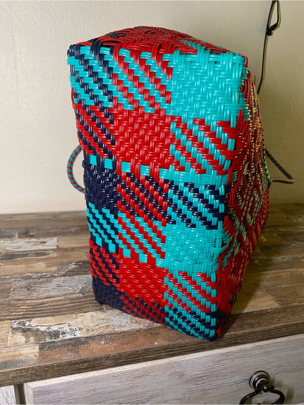 Maria Victoria Braided Geometric Tote in Red, Teal & Black